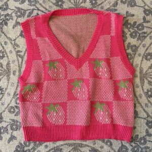 Strawberry Patterned V-Neck Sweater Vest